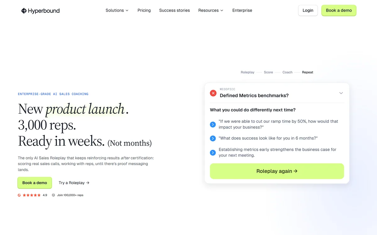 Hyperbound homepage showing the AI sales roleplay platform