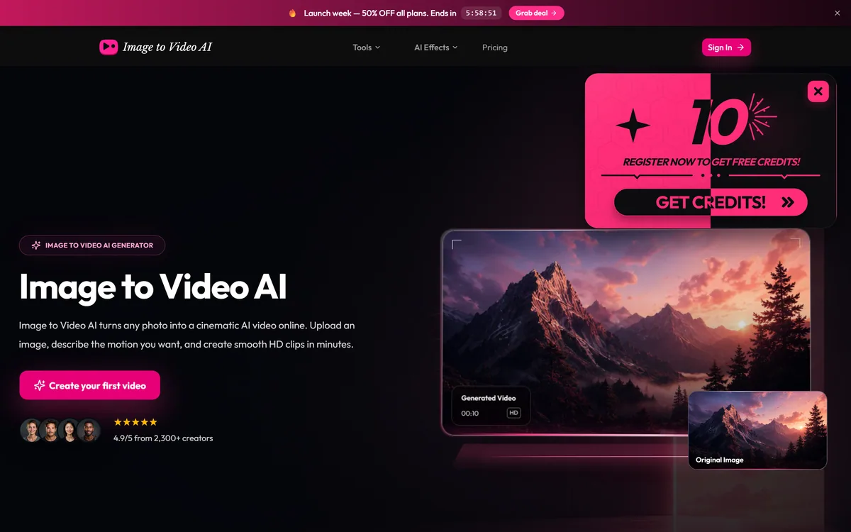 The Image to Video AI homepage offering to turn photos into AI video clips