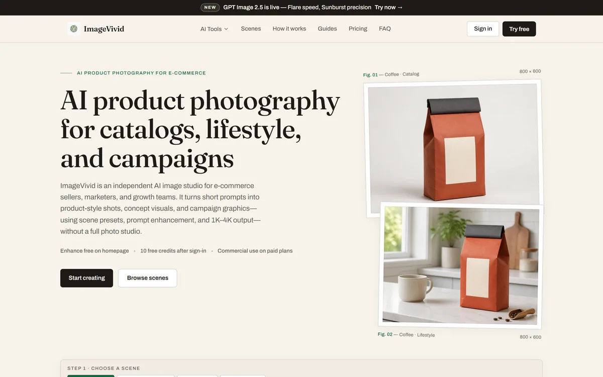 The ImageVivid homepage showing AI product photography for e-commerce catalogs and campaigns