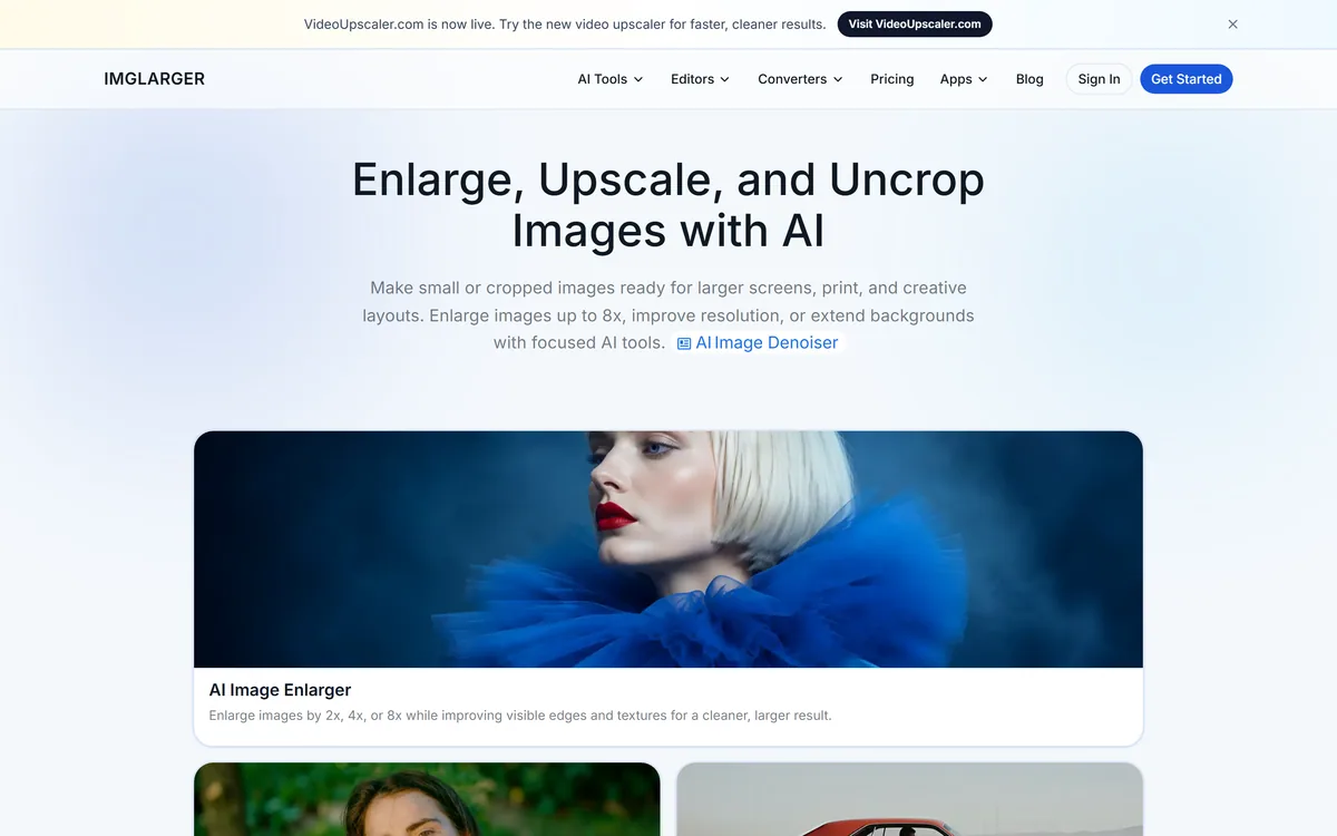 Imglarger homepage showing AI image enlargement and upscaling tools