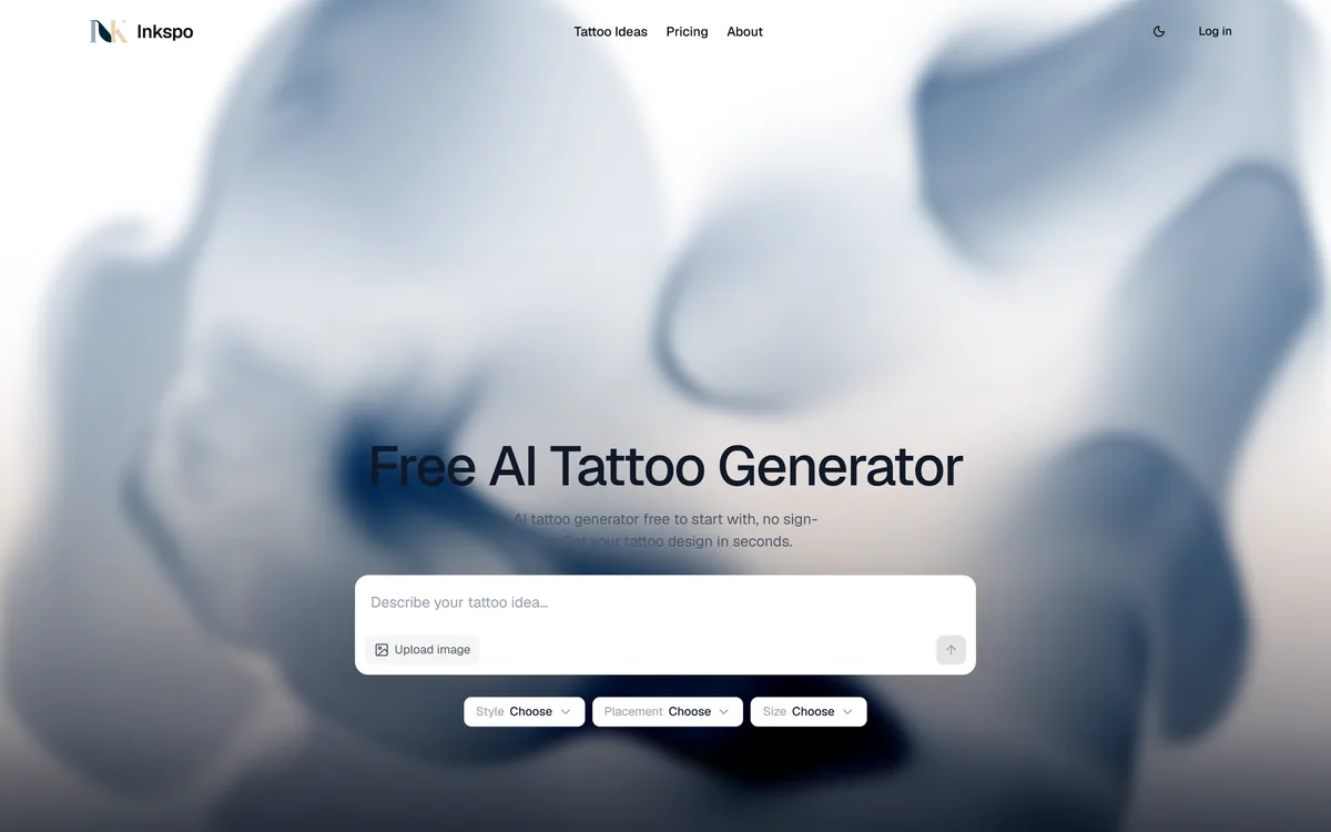 The Inkspo homepage showing a free AI tattoo generator with style presets