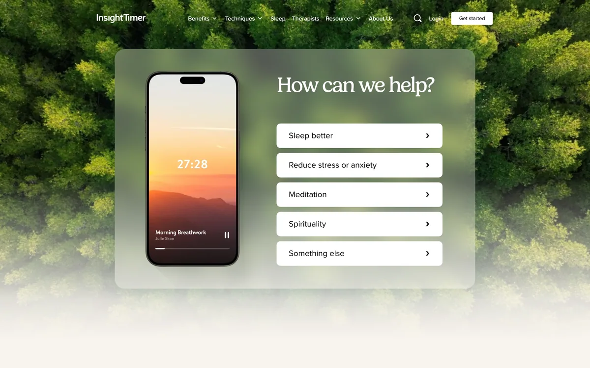 Insight Timer homepage showing its free meditation, sleep and wellbeing audio library
