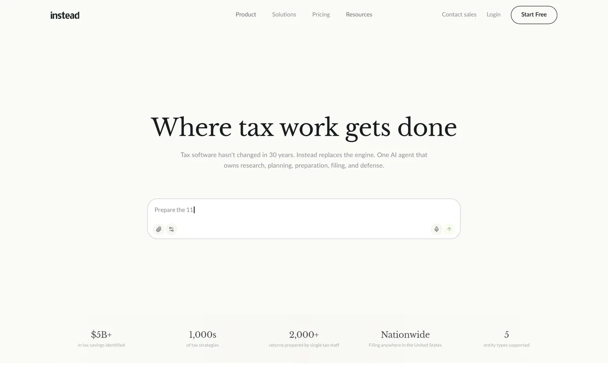 Instead homepage headed Where tax work gets done, showing an AI agent for tax research and filing