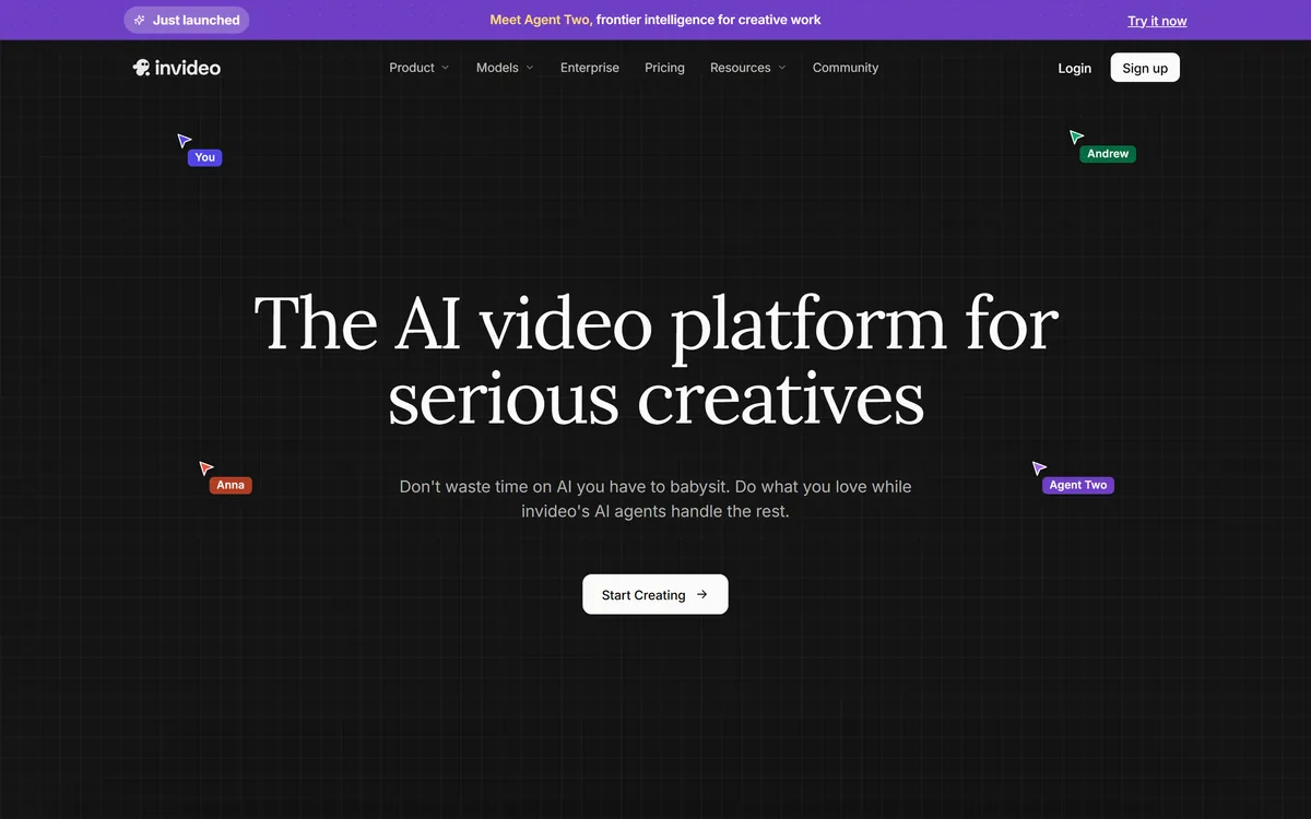 InVideo AI homepage showing Agent Two, the AI video creation agent and multi-model editor