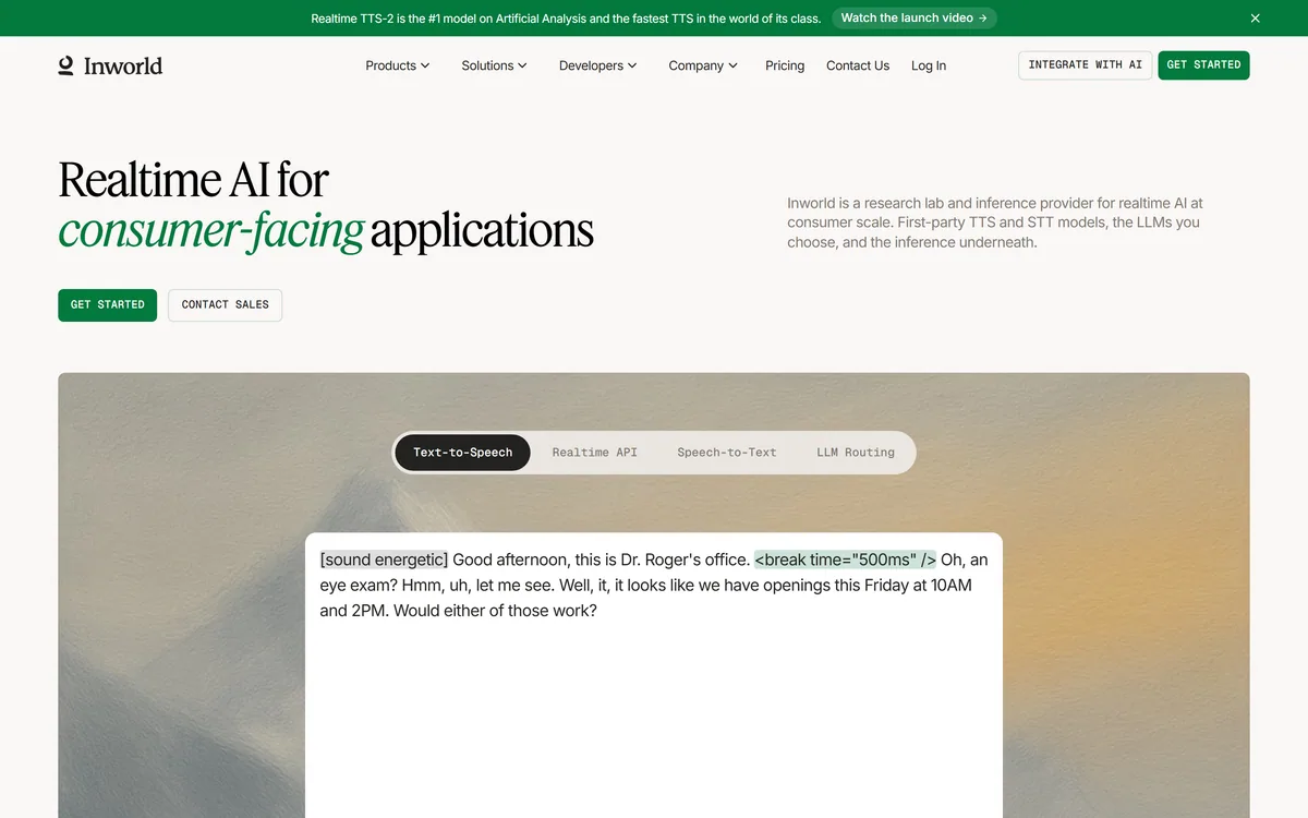 Inworld AI's homepage describing realtime AI infrastructure for voice applications
