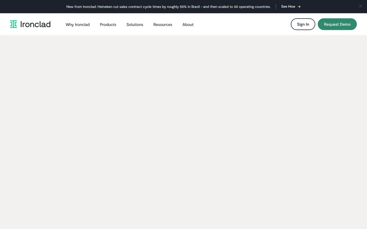 Ironclad homepage presenting AI contract lifecycle management for legal teams