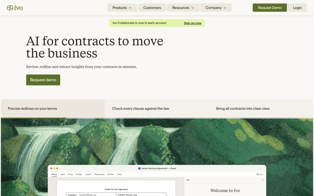 Ivo homepage showing AI contract review, redlining and clause benchmarking for legal teams