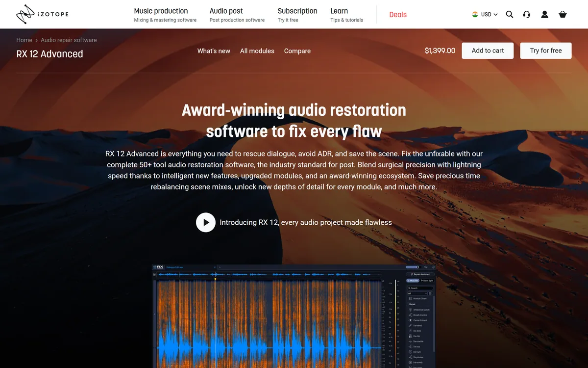 iZotope RX 12 Advanced product page showing the audio repair suite and its module list