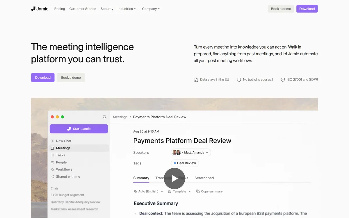 The Jamie homepage describing a meeting intelligence platform