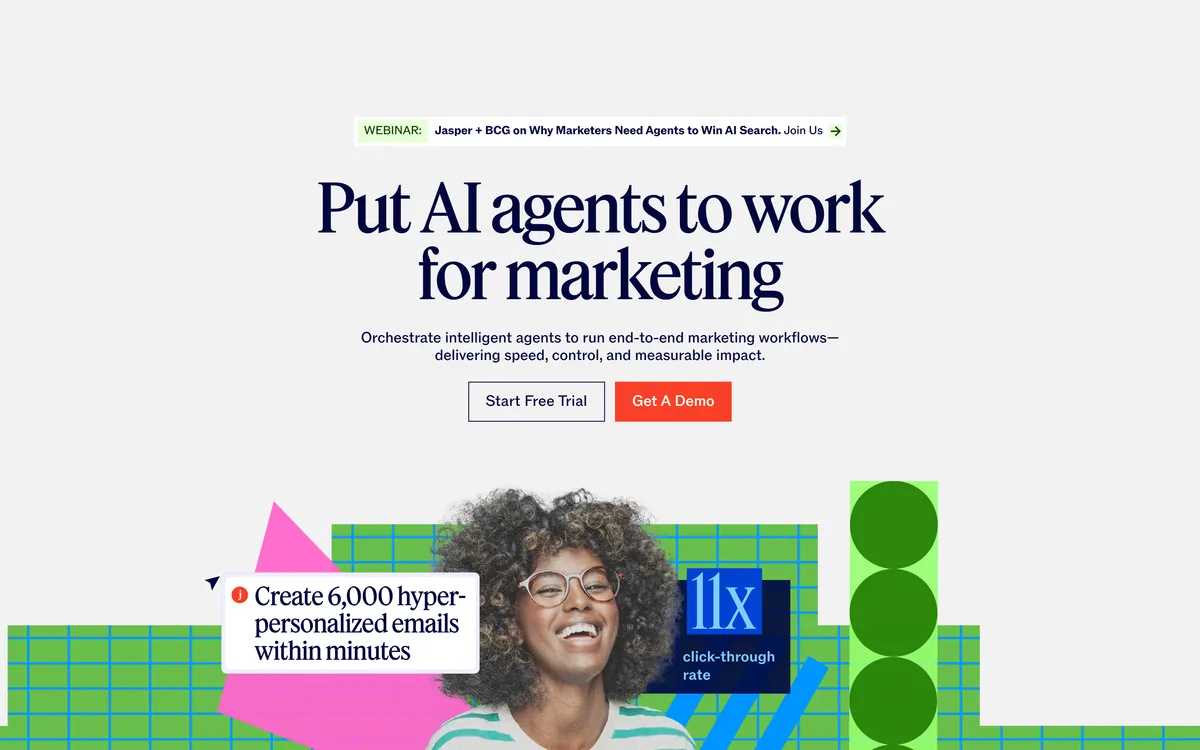 Jasper's homepage describing orchestration of intelligent agents for end-to-end marketing workflows
