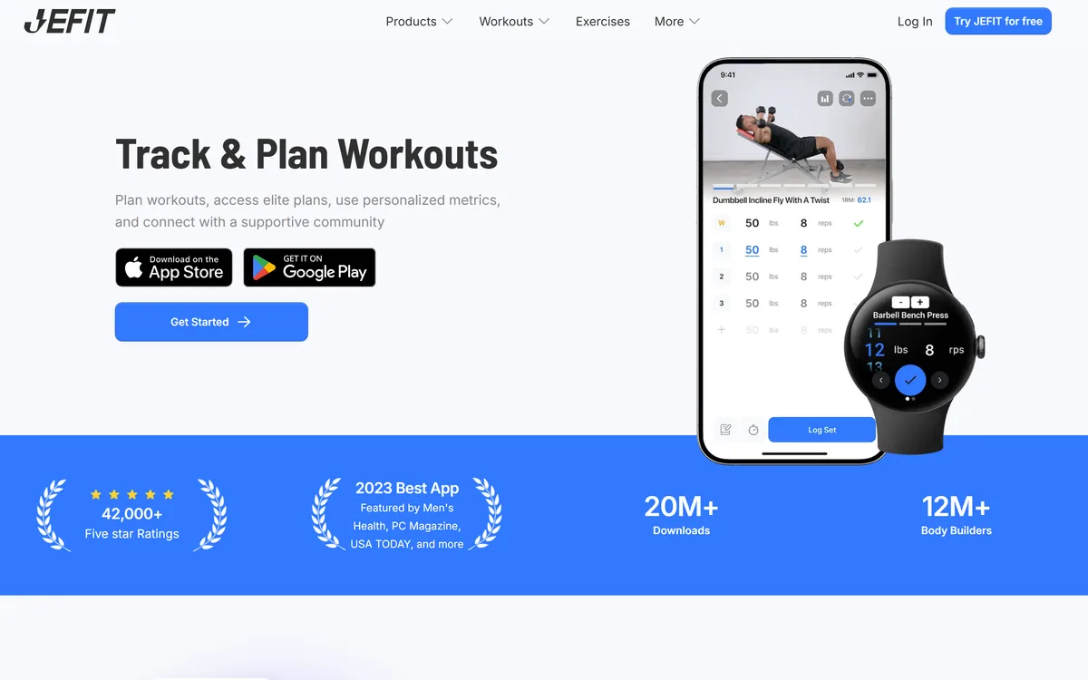 Jefit homepage showing the workout planner and tracking app