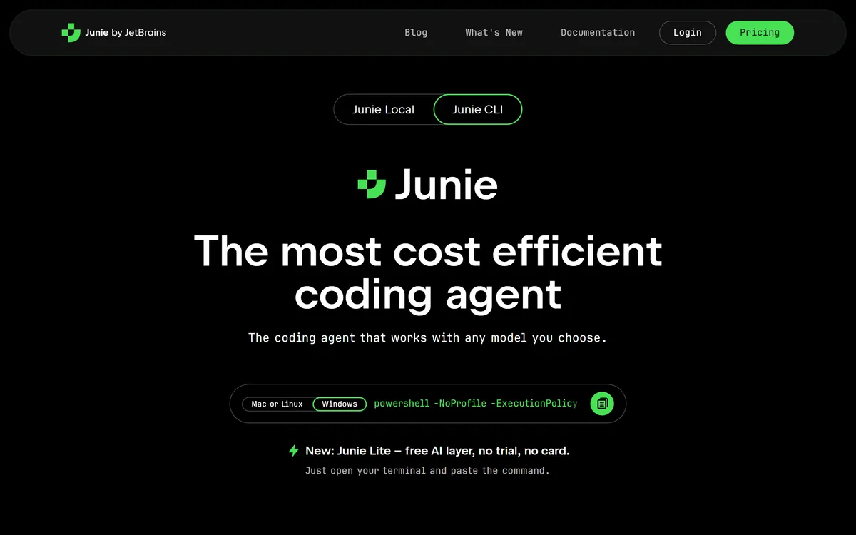 The JetBrains Junie page describing a model-agnostic coding agent