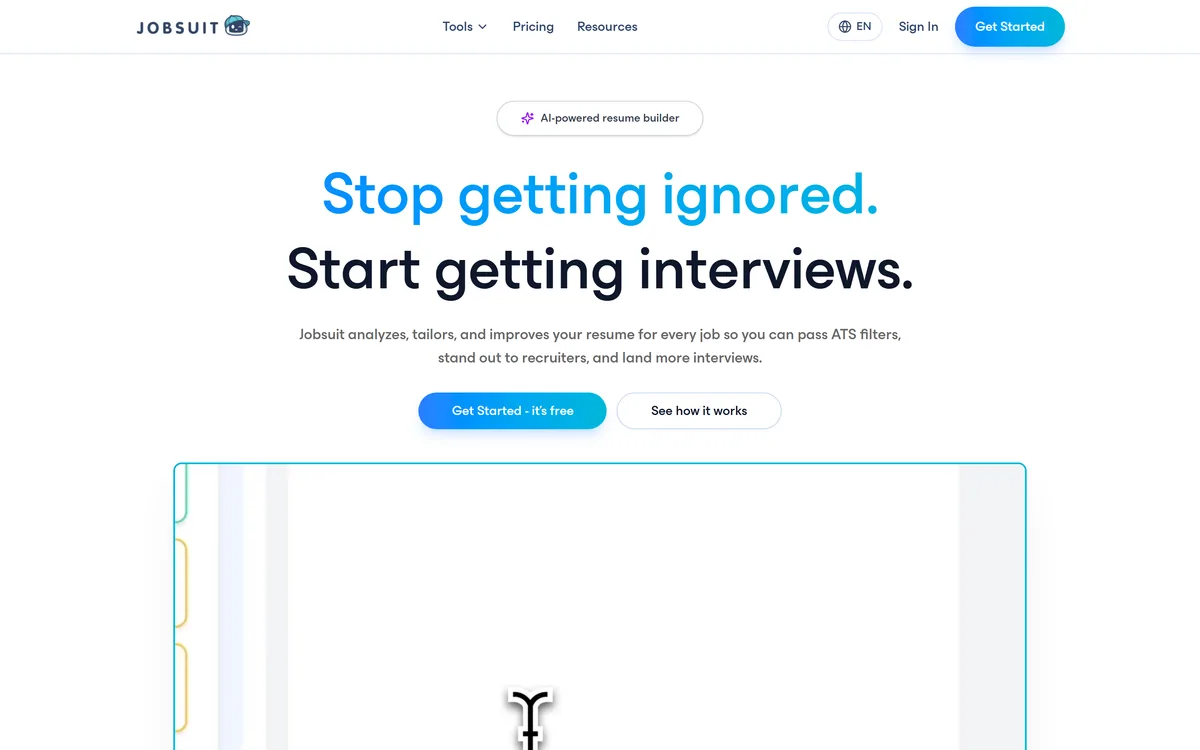 Jobsuit AI's homepage describing an AI-powered resume builder for passing ATS filters and getting interviews
