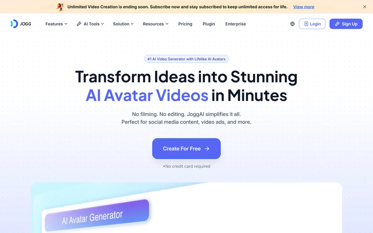 JoggAI homepage showing the AI avatar video generator and its product lineup
