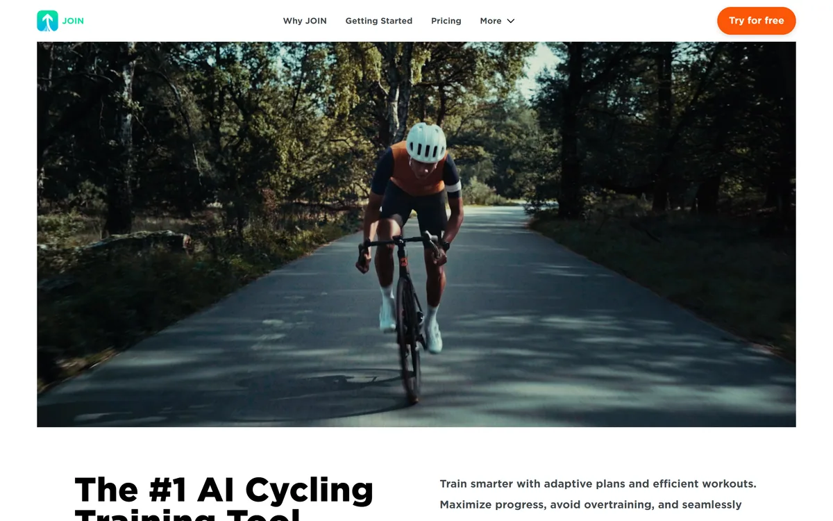 JOIN Cycling homepage showing the AI cycling training app