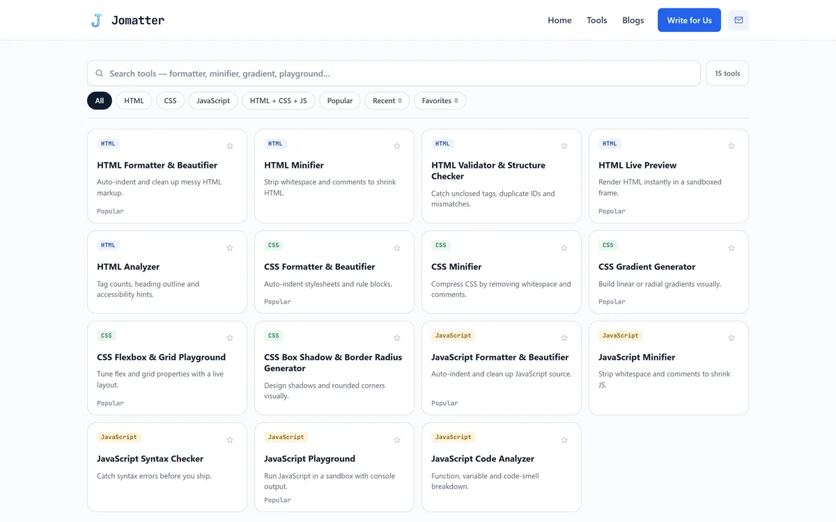 The Jomatter tools page showing 15 HTML, CSS and JavaScript tool cards with language filters