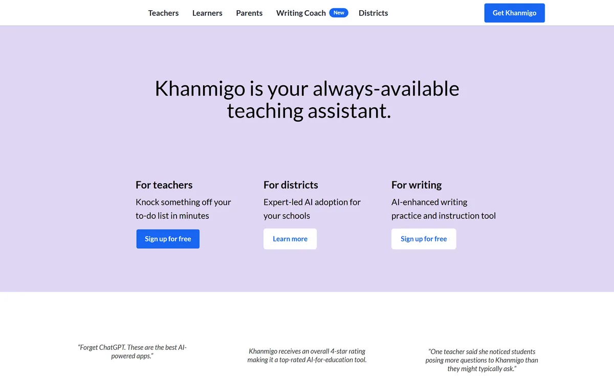 Khanmigo's homepage introducing Khan Academy's AI-powered tutor and teaching assistant