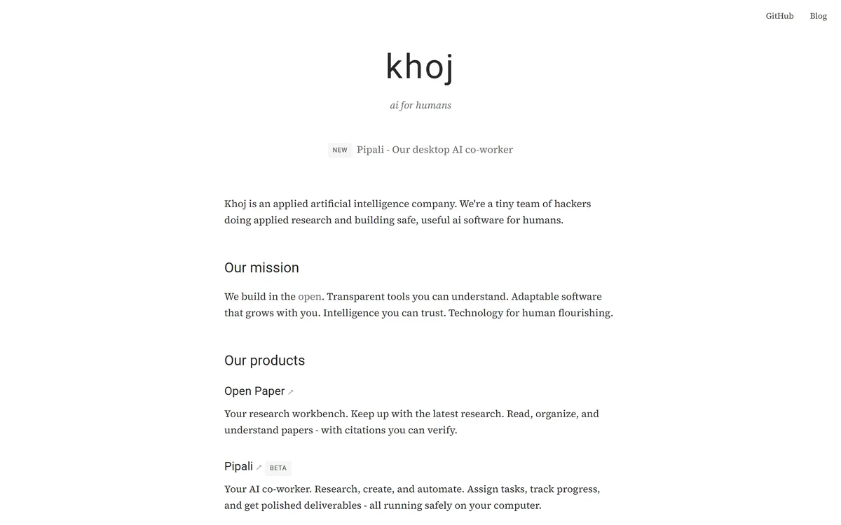 Khoj homepage showing the company's three products