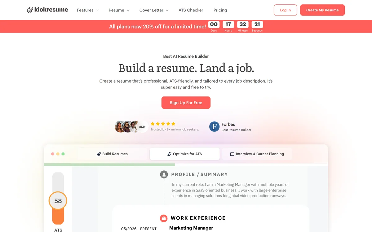 Kickresume homepage showing the AI resume builder