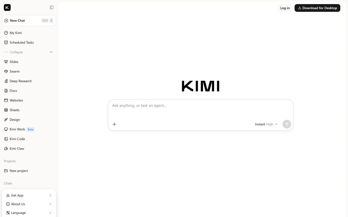 Kimi homepage showing the agentic assistant interface from Moonshot AI
