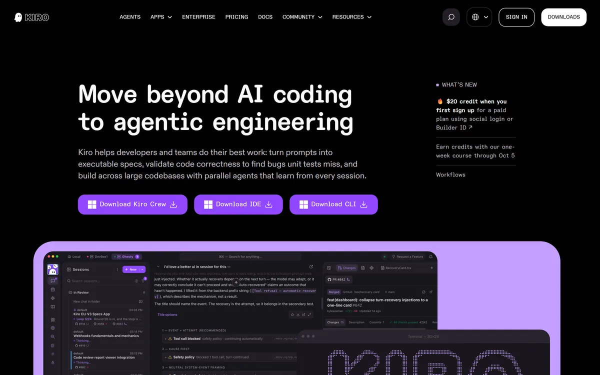 The Kiro homepage describing agentic engineering beyond AI coding