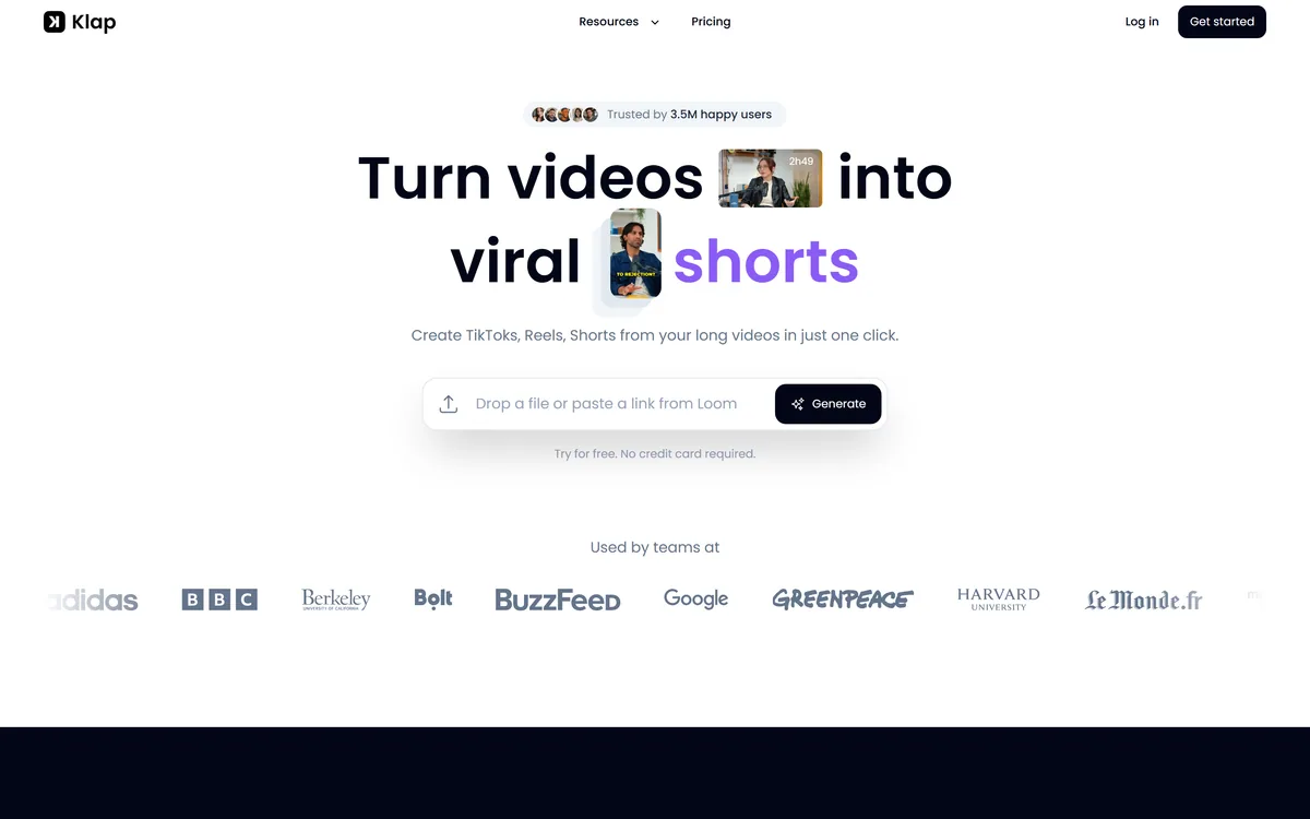 Klap homepage showing the video clipping tool
