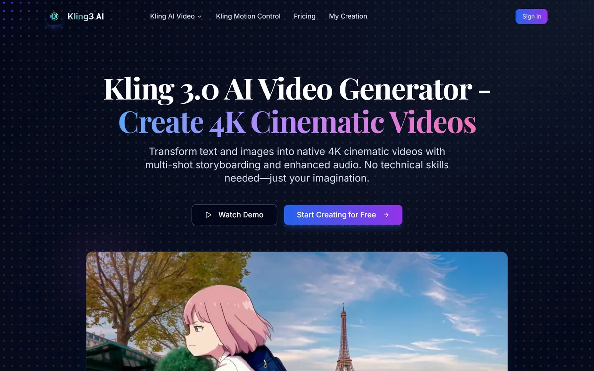 kling3ai.co homepage showing the Kling 3.0 AI video generator interface