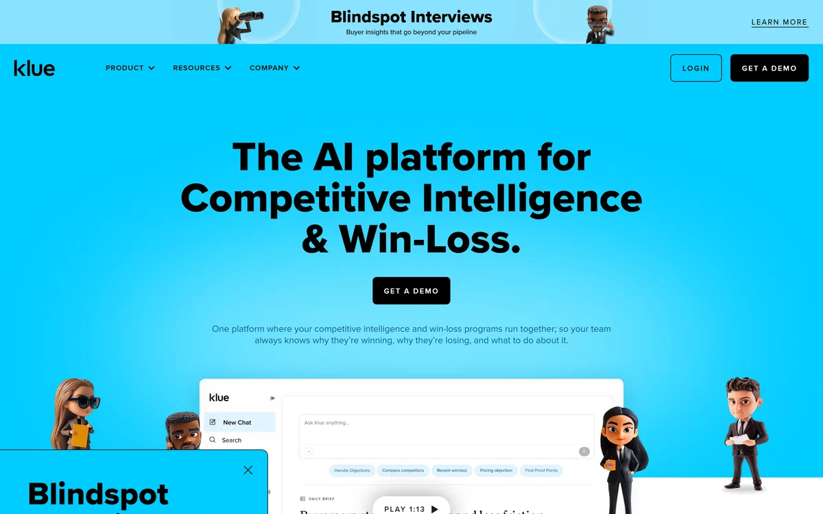 The Klue homepage describing a competitive intelligence and win-loss platform