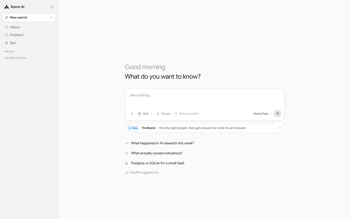 Komo AI search interface showing the query box and modes
