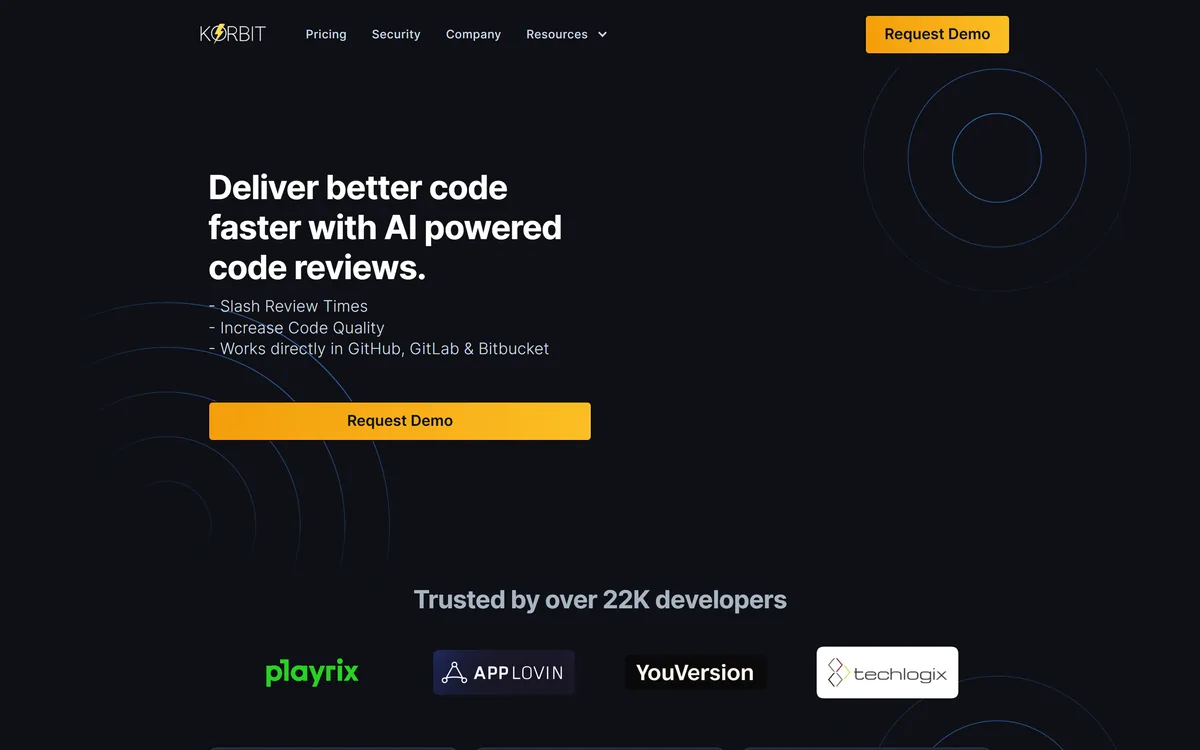 The Korbit AI homepage describing AI-powered code reviews