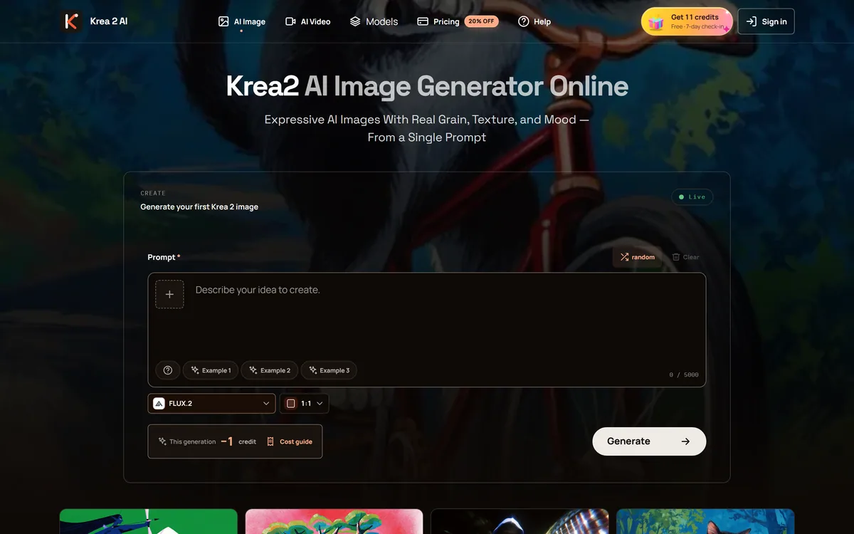 The krea2.org homepage describing AI image generation with reference uploads and multiple model options