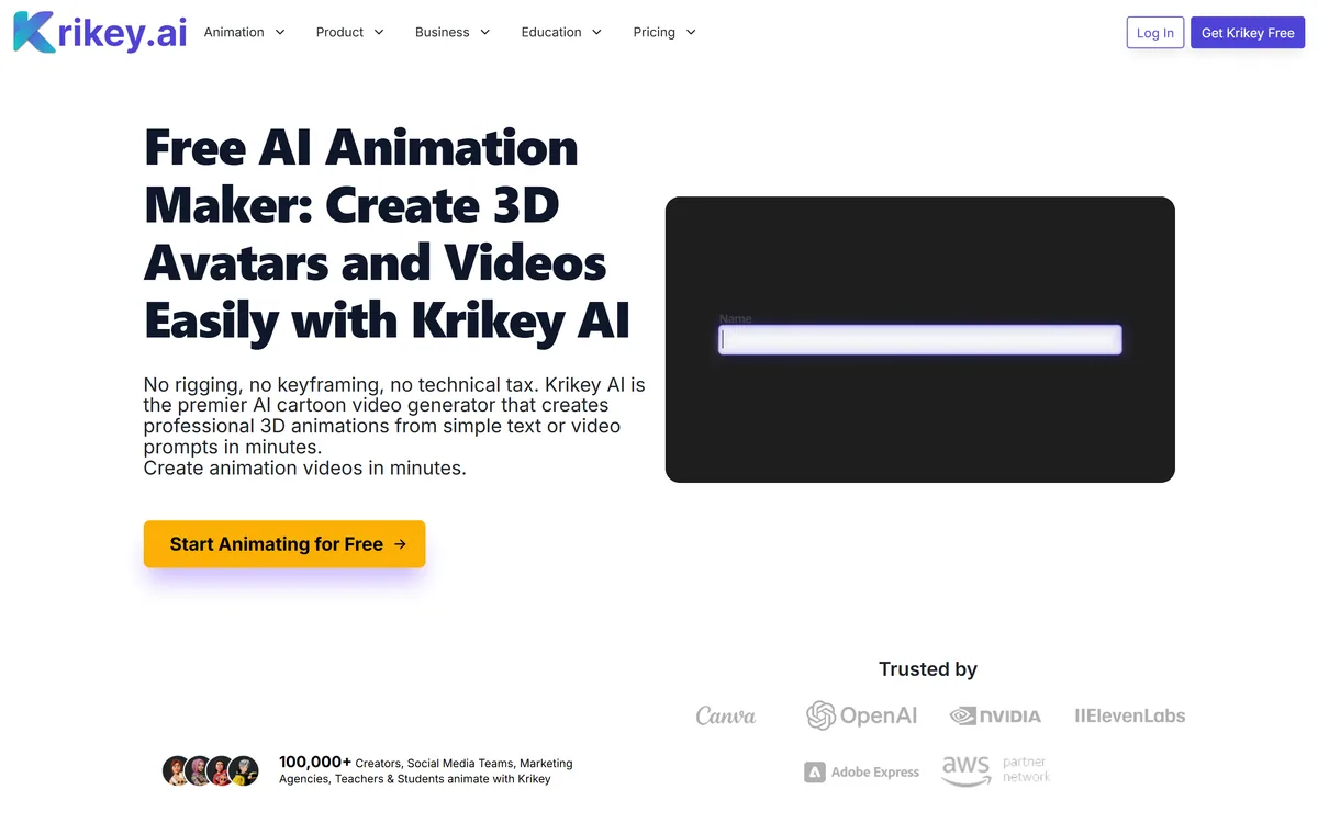 Krikey AI homepage showing the 3D animation generator