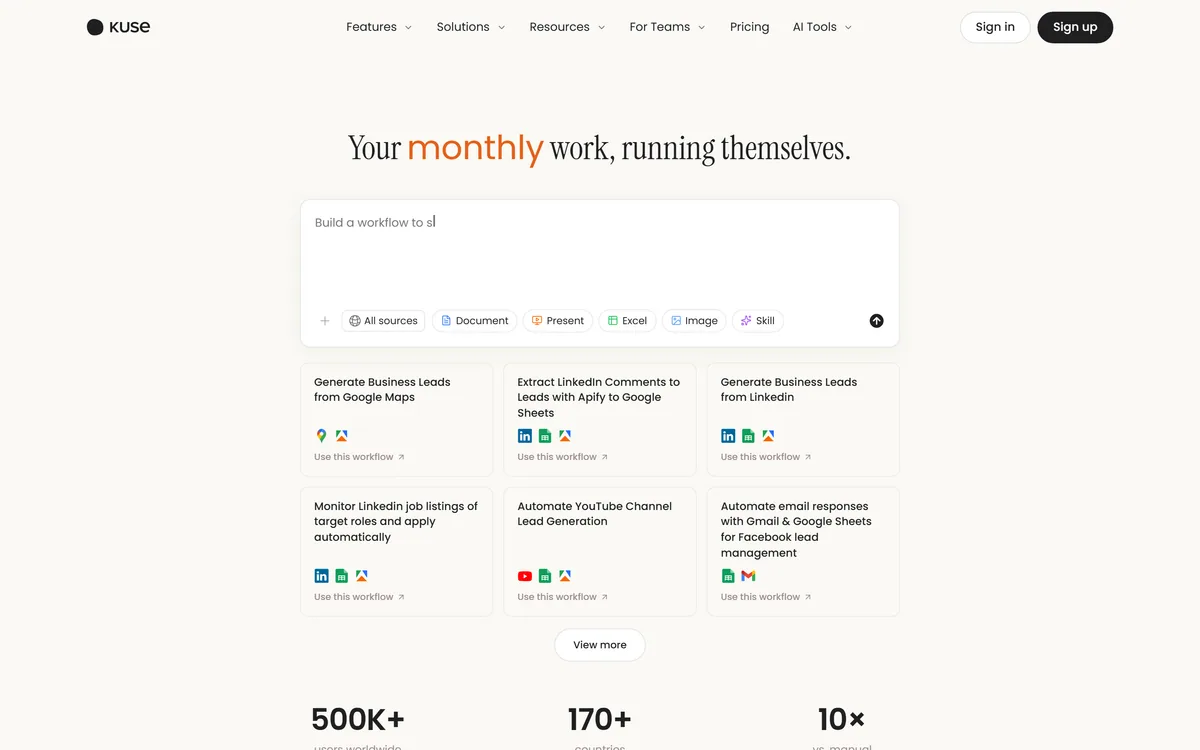 Kuse homepage showing AI workflow templates and the workspace prompt box