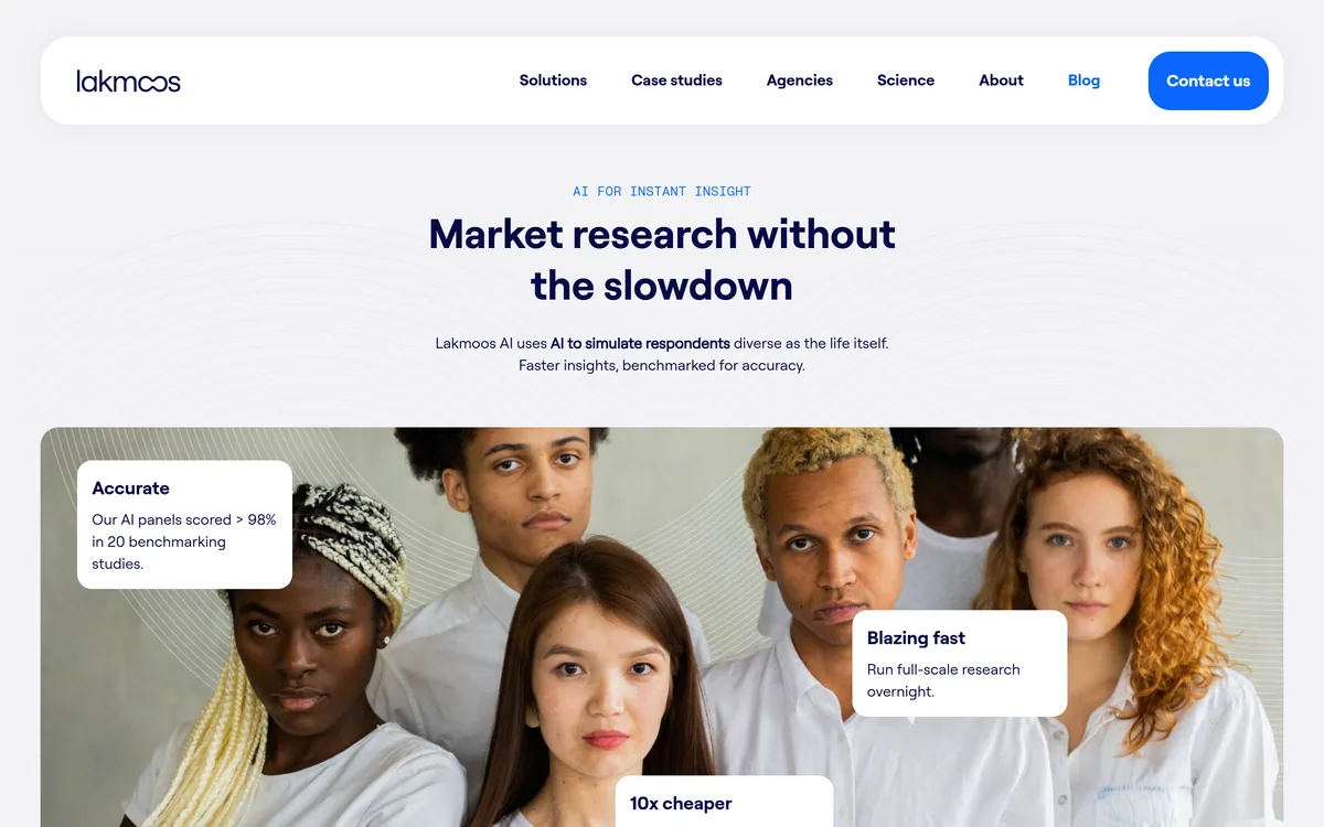Lakmoos AI homepage showing its AI market research panels