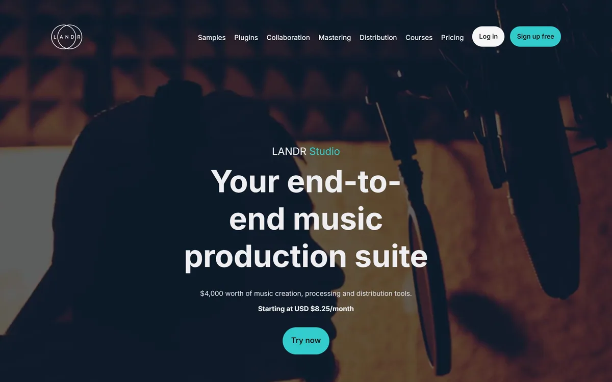 The LANDR homepage describing a creative platform built for musicians