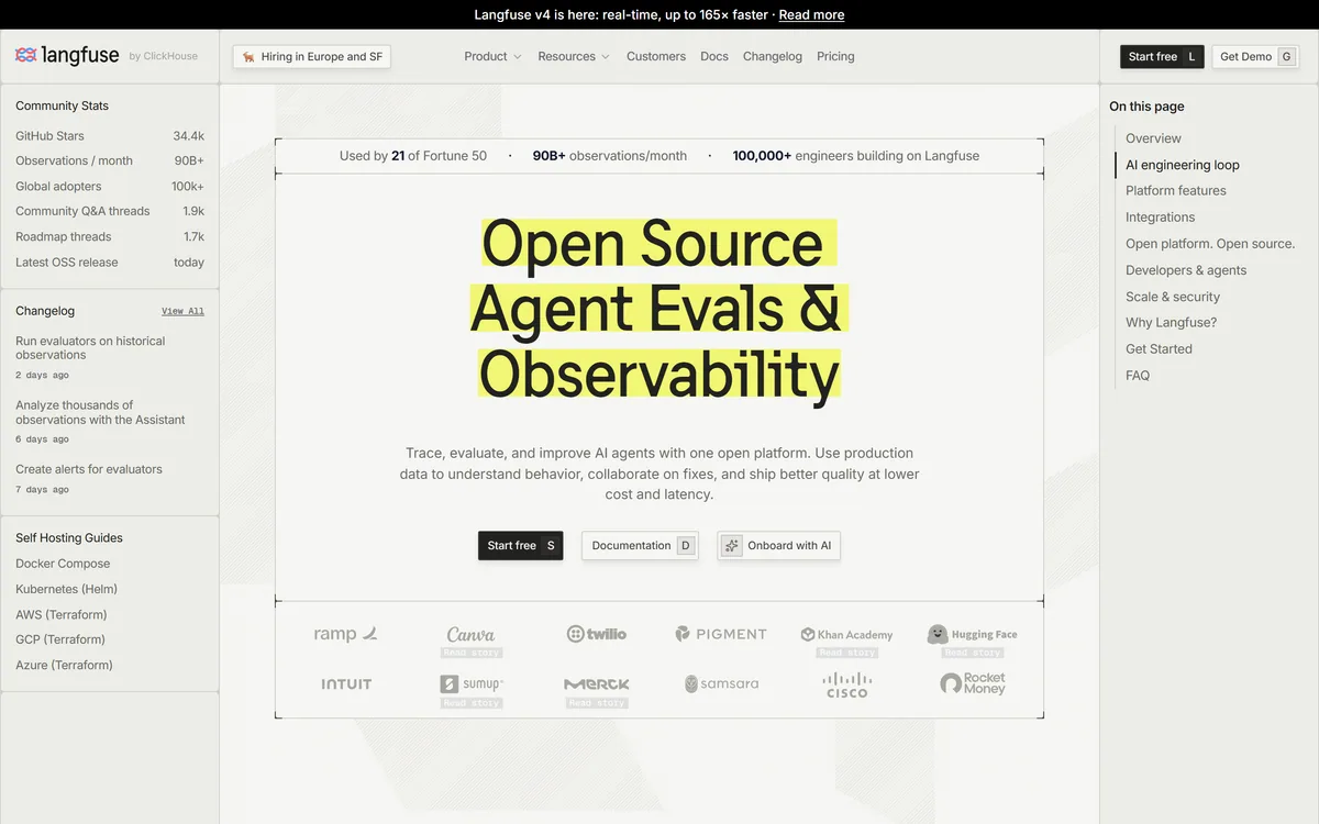 Langfuse homepage showing the open-source LLM engineering platform