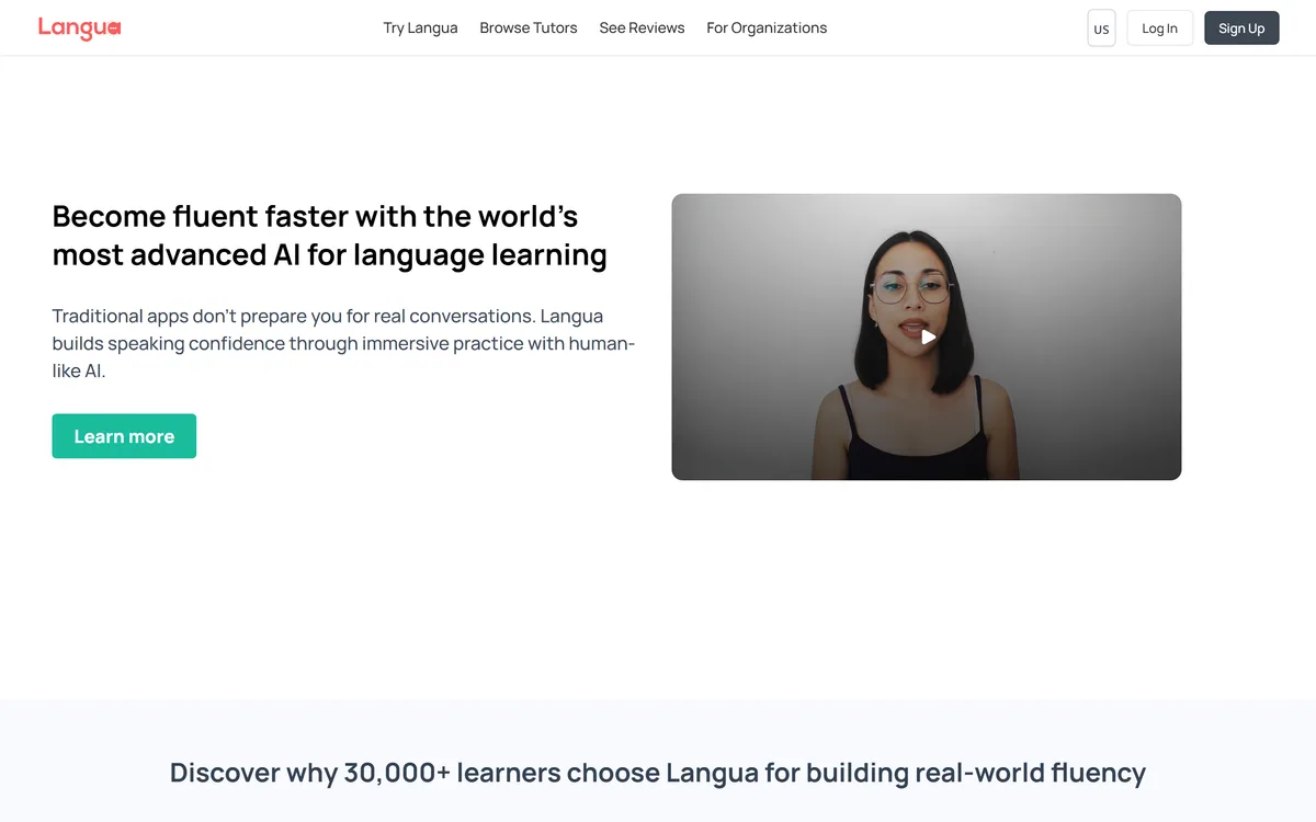 Langua's homepage presenting AI conversation practice for language learning
