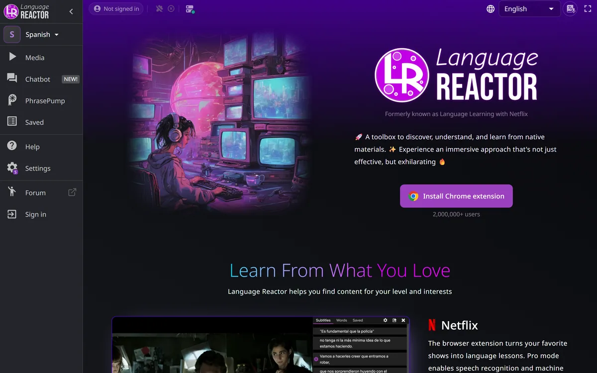 Language Reactor homepage showing the language learning toolbox