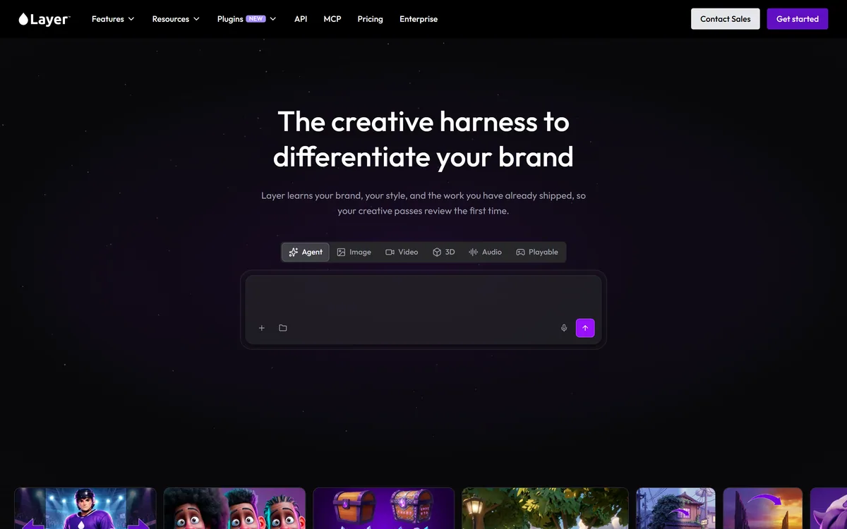 The Layer AI homepage describing a creative harness for teams across image, video, 3D and audio