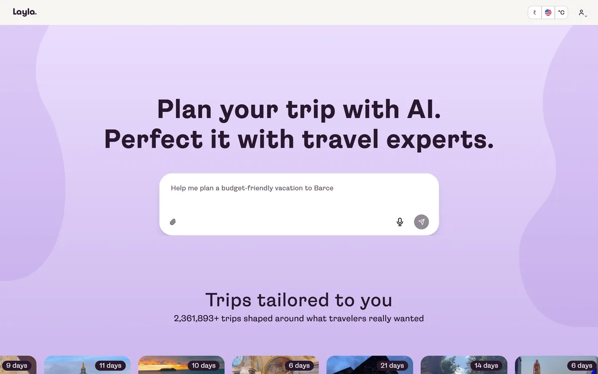 Layla homepage showing the AI trip planner with example itineraries