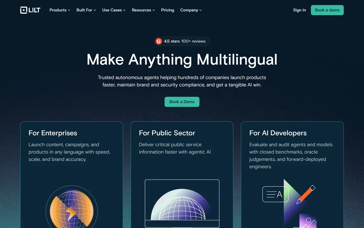 Lilt homepage showing the enterprise AI translation platform