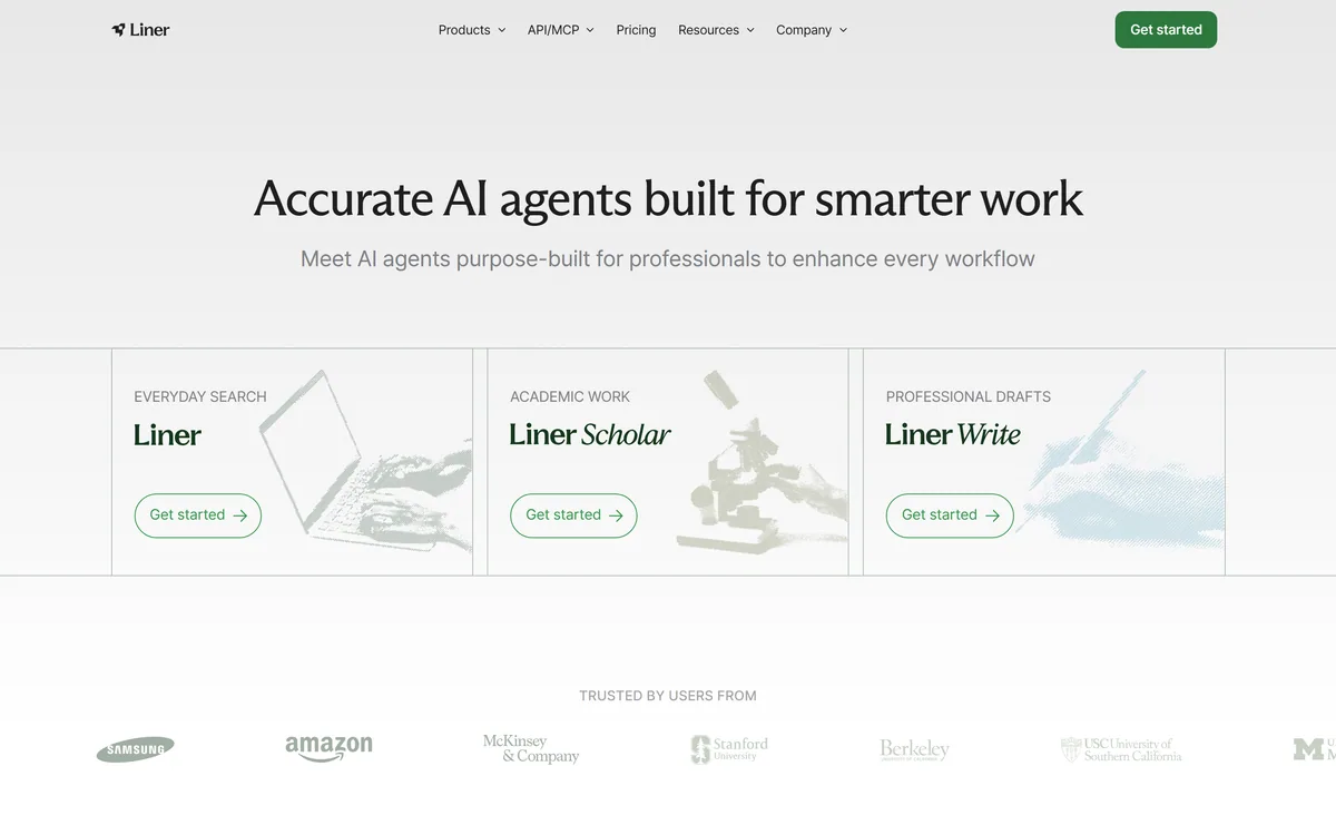Liner homepage showing AI agents for search, research and writing