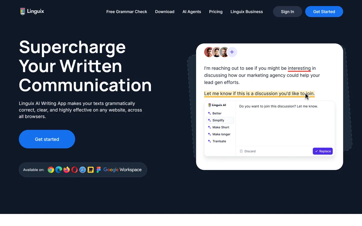 Linguix homepage showing the AI writing and grammar checking app