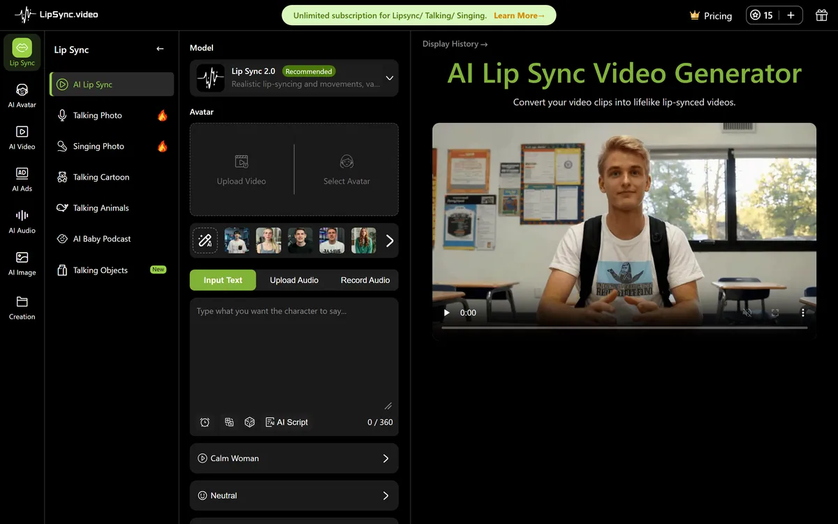 LipSync.video's homepage describing AI lip sync that matches mouth movements to audio