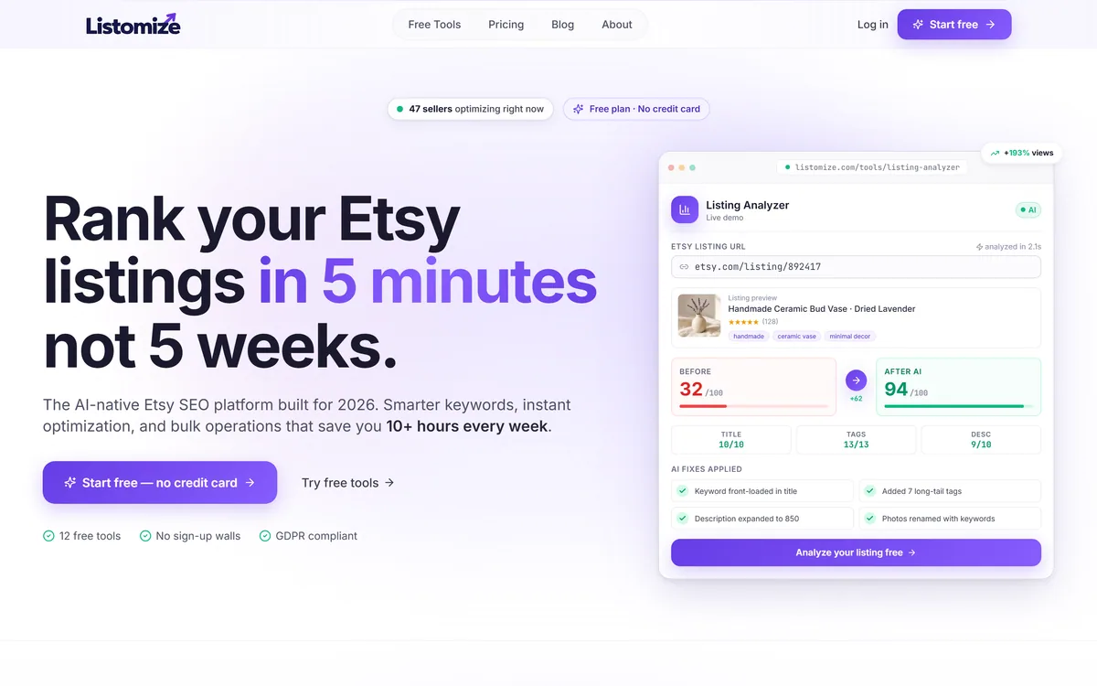 Listomize's homepage presenting its AI-powered Etsy SEO and listing optimisation platform