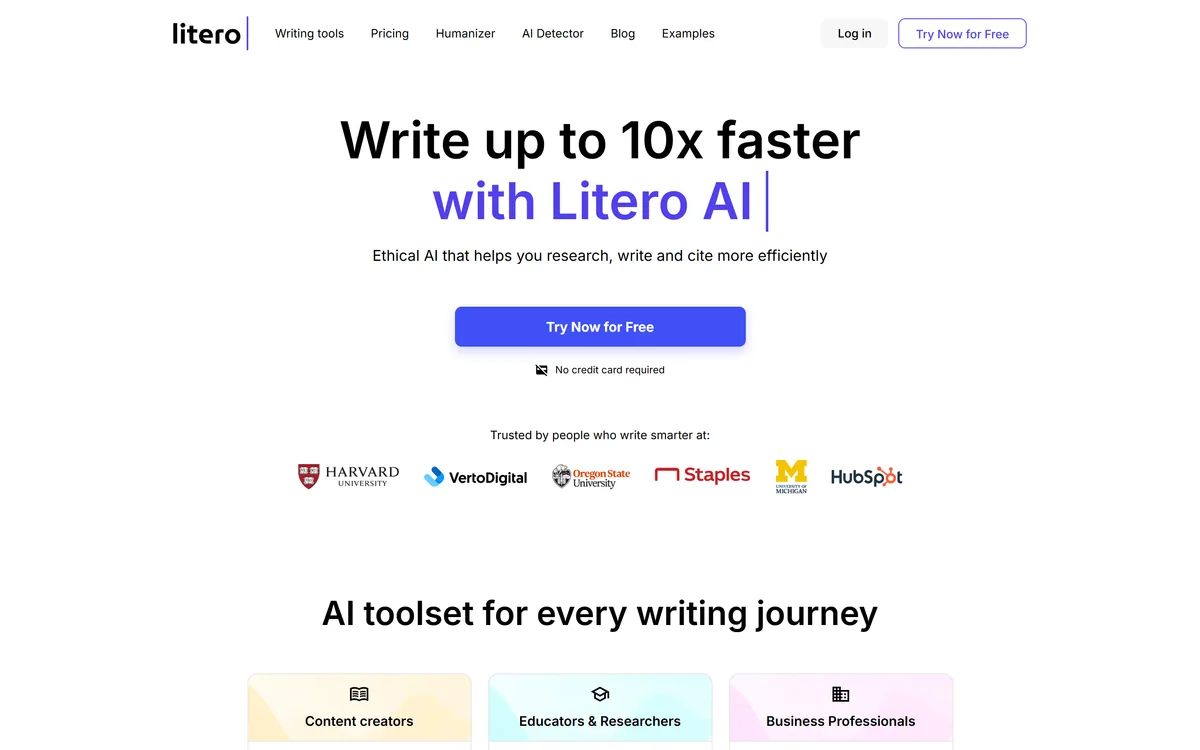 The Litero homepage describing a source-based AI writing partner