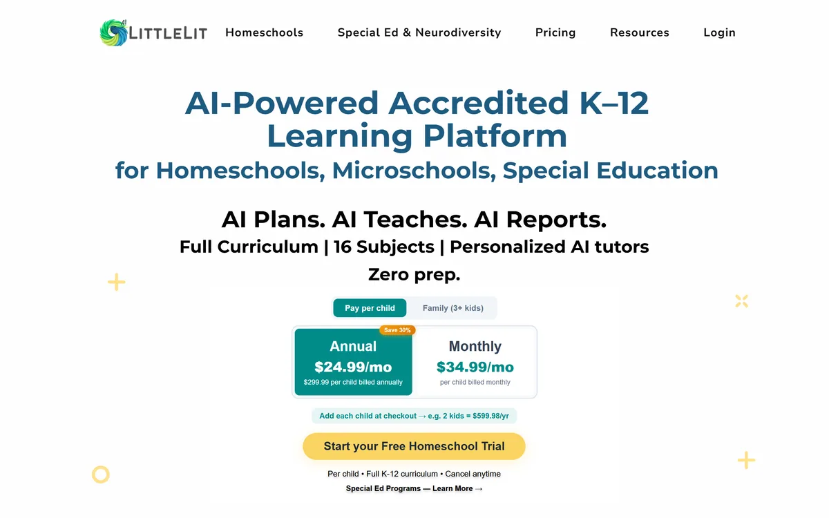 LittleLit AI homepage showing the accredited AI homeschool curriculum