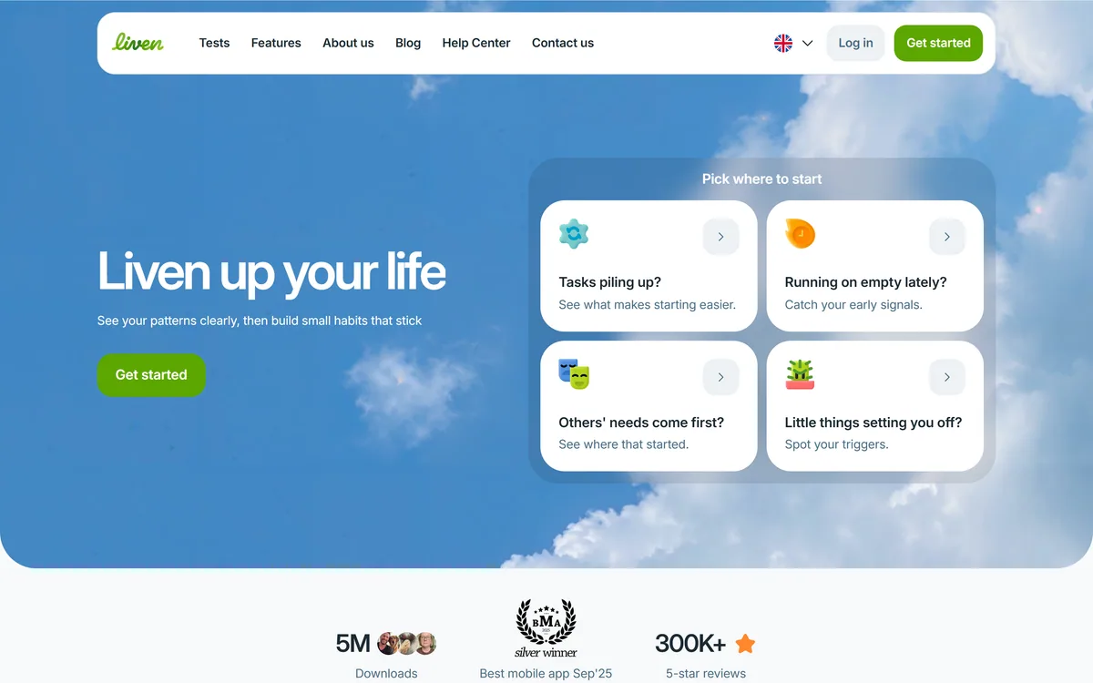 Liven's homepage describing a wellbeing app with micro-courses, mood tracking and an AI companion