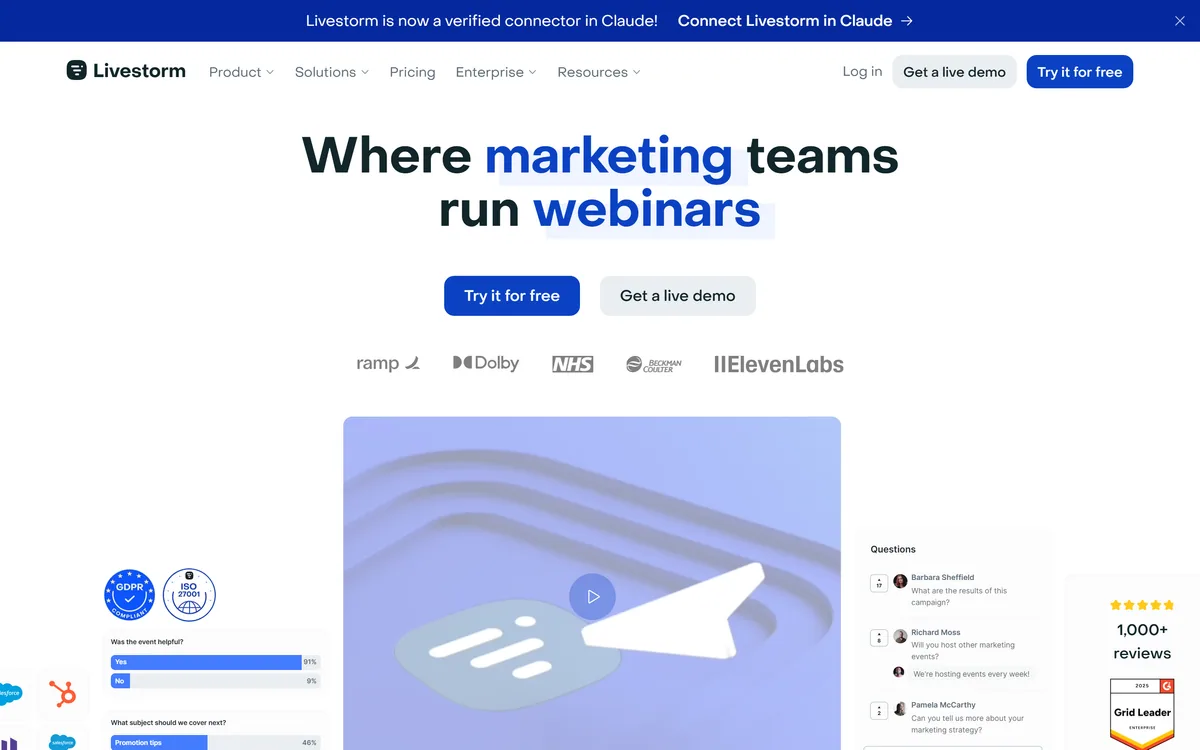 The Livestorm homepage describing all-in-one webinar software