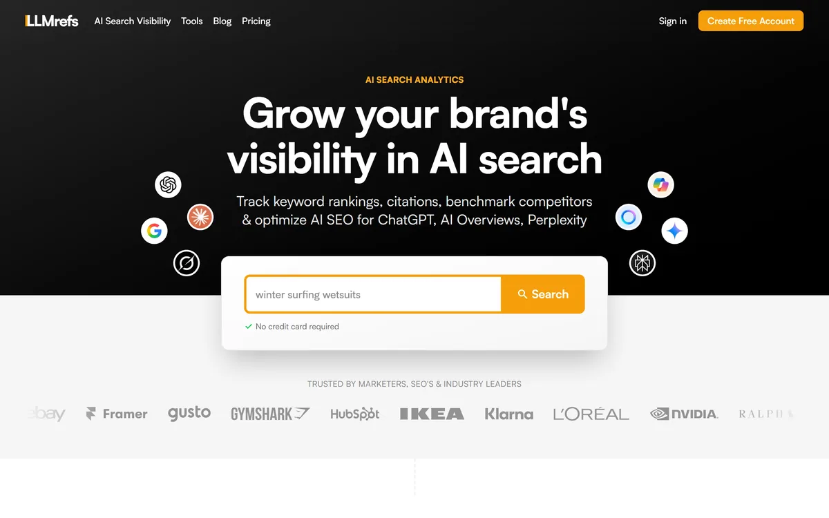 The LLMrefs homepage describing AI search analytics and an LLM SEO tracker
